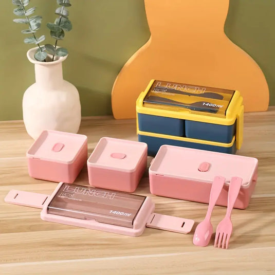 1pc 2-Tier Bento Box With 3 Compartments With Large Capacity, Lunch Box With Spoon And Fork, suitable for Microwave and Dishwasher Safe (Lid Can't)