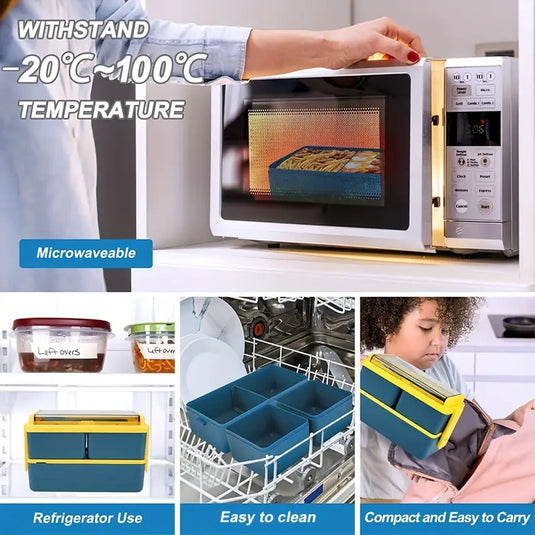 1pc 2-Tier Bento Box With 3 Compartments With Large Capacity, Lunch Box With Spoon And Fork, suitable for Microwave and Dishwasher Safe (Lid Can't)